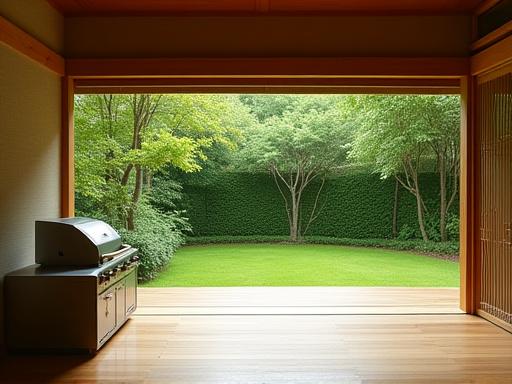 A grill set into a wide wooden engawa porch overlooking a lush green yard, offering a tranquil dining experience.
