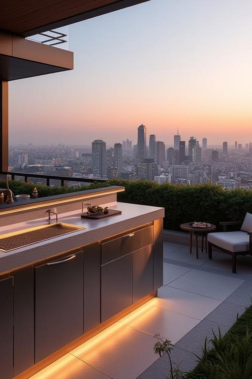 A modern rooftop outdoor kitchen in Tokyo with city views, featuring a sleek Shizen Sizzle grill, blending urban luxury with nature.