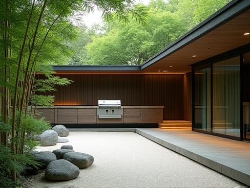 An outdoor kitchen seamlessly integrated into a traditional Japanese zen garden with bamboo accents, creating a harmonious cooking space.