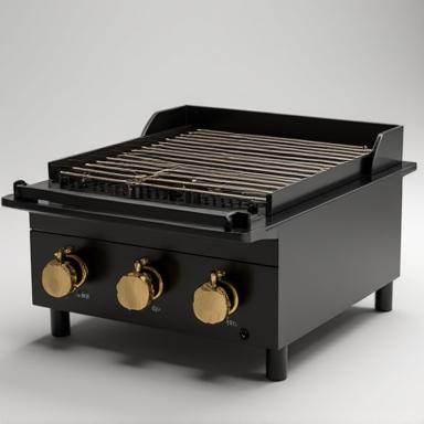 A sleek, long hibachi grill made of dark steel with brass controls, designed for professional precision.