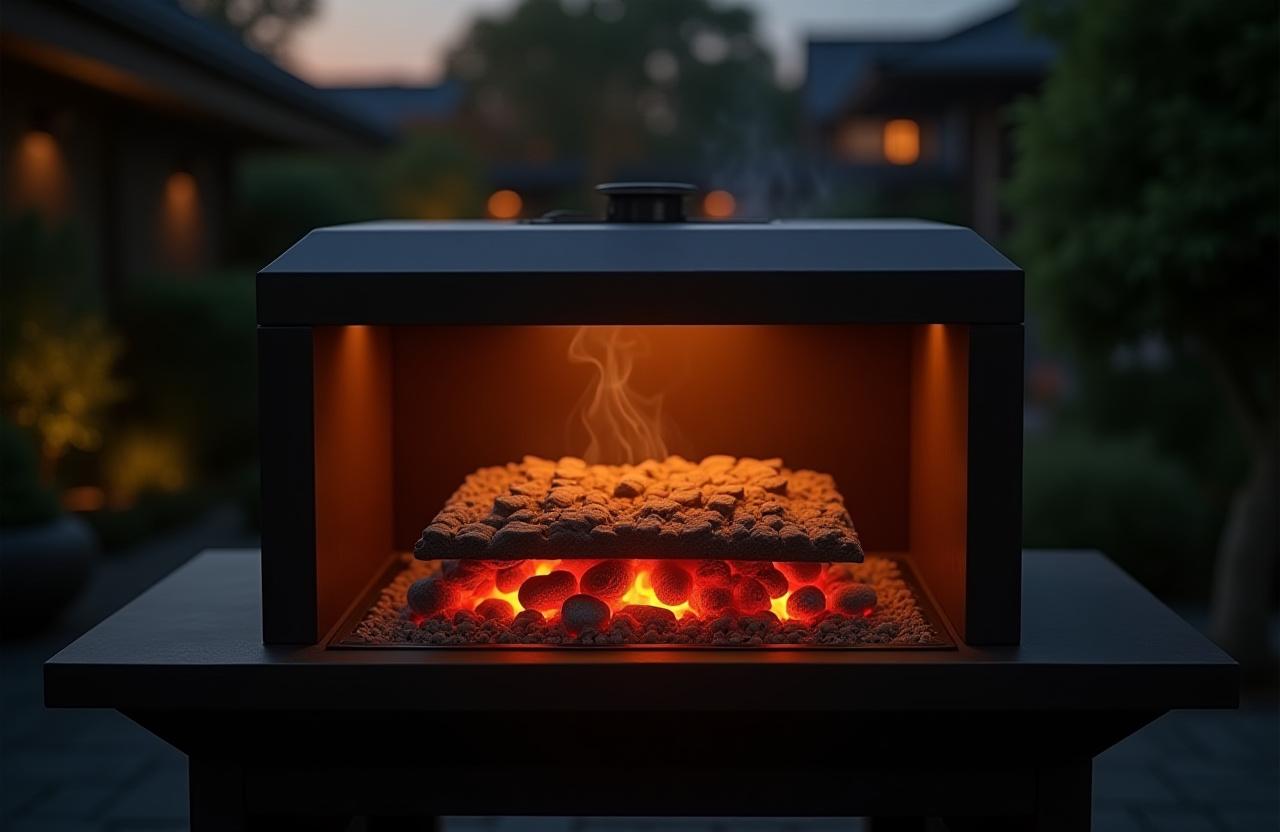 A masterfully crafted grill with glowing charcoal embers set in a tranquil Japanese garden at dusk. 火の芸術を表現する夕暮れの庭園