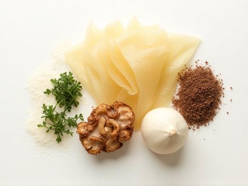 An artful arrangement of umami-rich ingredients like kombu, shiitake, and katsuobushi, symbolizing the depth of flavor.