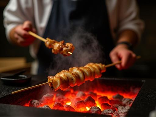 Chef carefully turning yakitori skewers over glowing coals, focusing intensely on the craft.